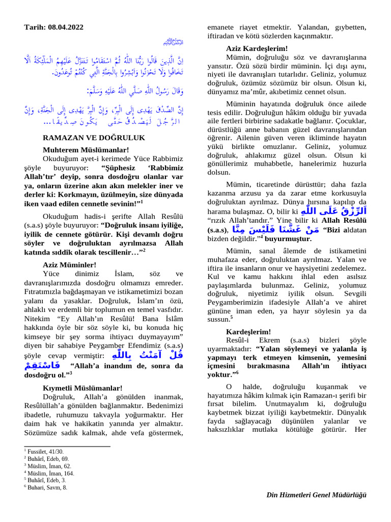 Ramazan Ve Doruluk | PDF