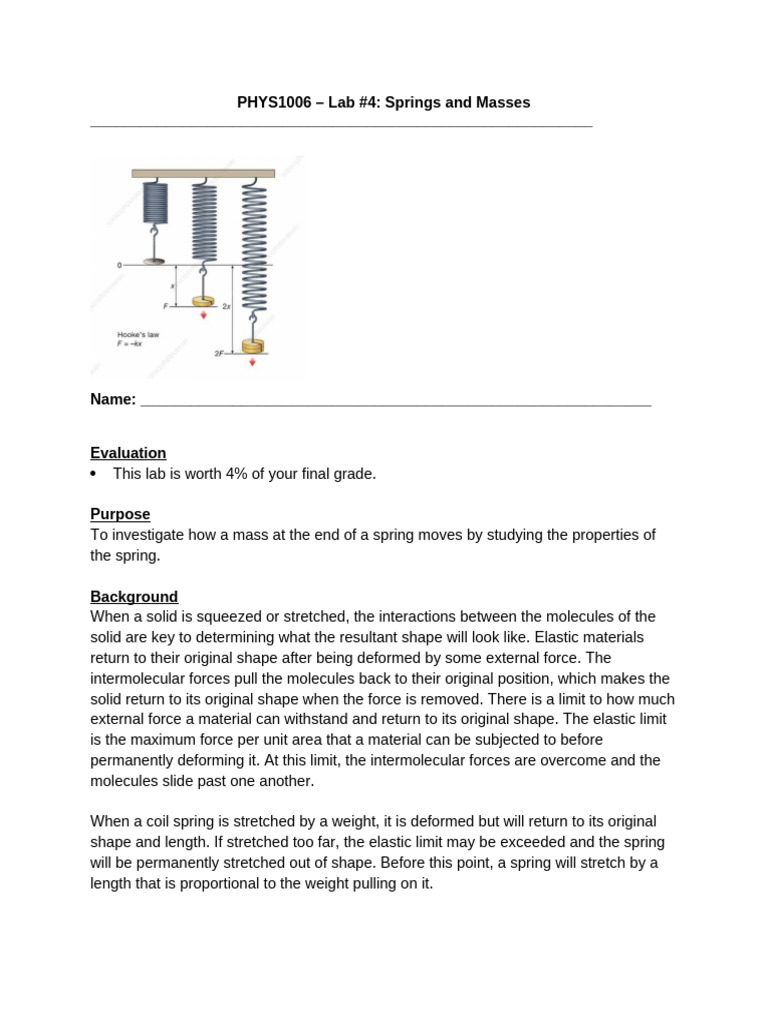PHYS1006 Lab: Springs and Masses | PDF | Elasticity (Physics) | Force