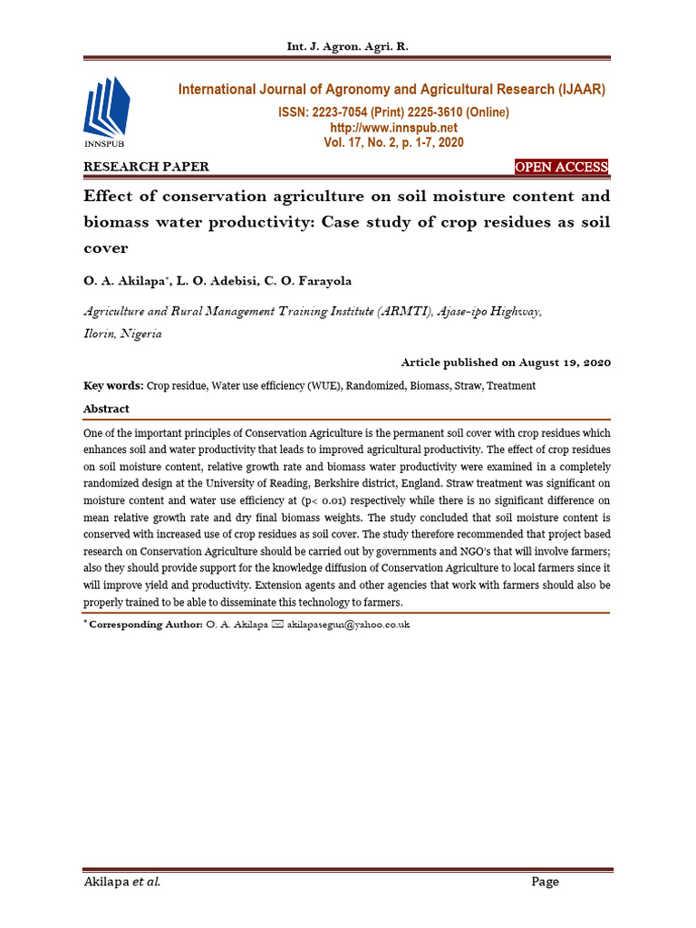 Effect of Conservation Agriculture On Soil Moisture Content and Biomass ...