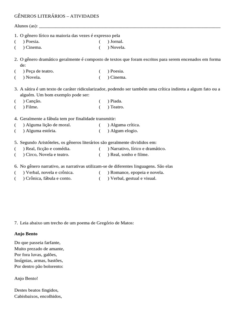 Atividades sobre Gêneros Literários | PDF | Mitologia grega