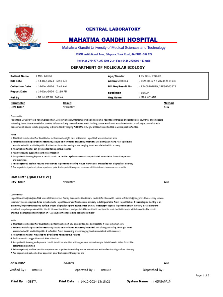 HEV and HAV Test Results for Patient Geeta | PDF | Infection | Serology