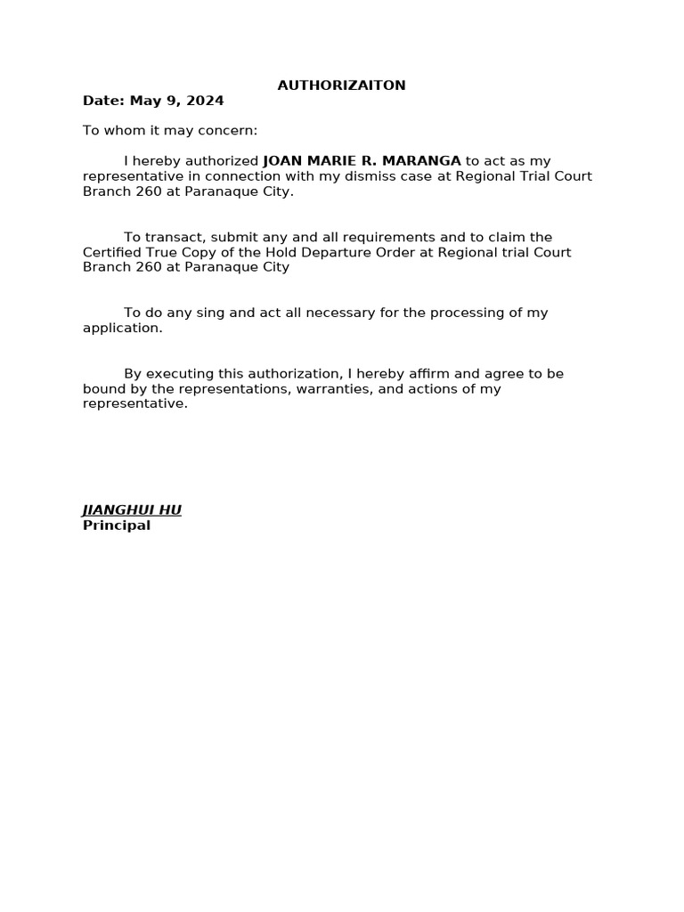 Spa Authorization Letter | PDF