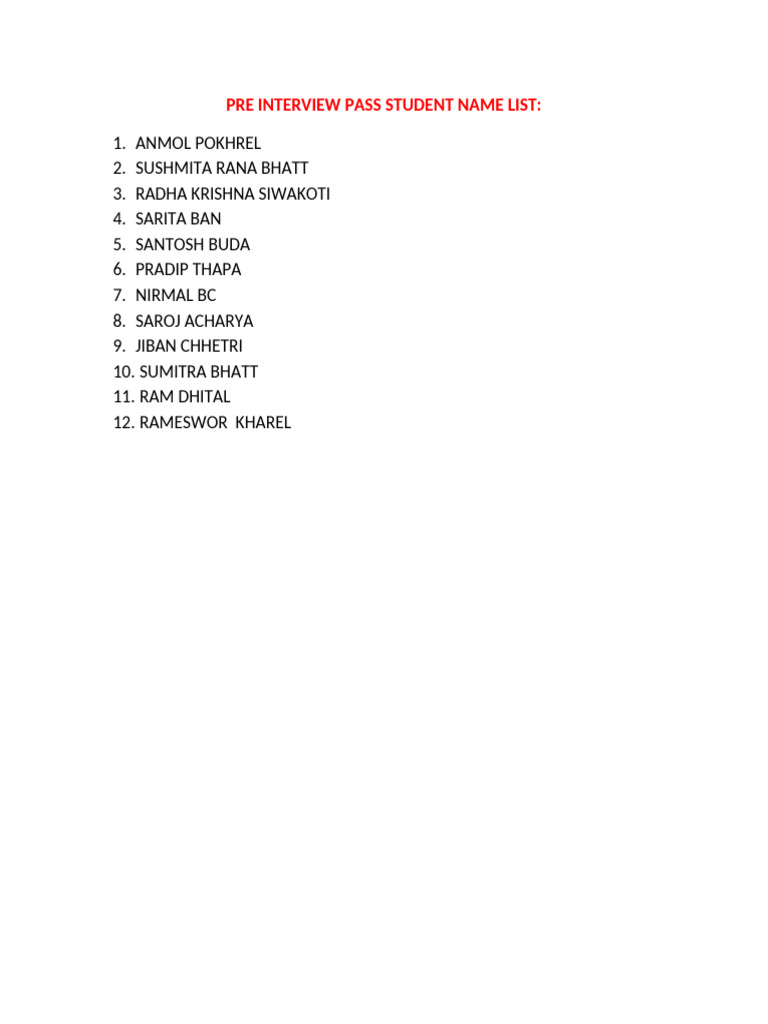 Pre-Interview Pass Student List | PDF