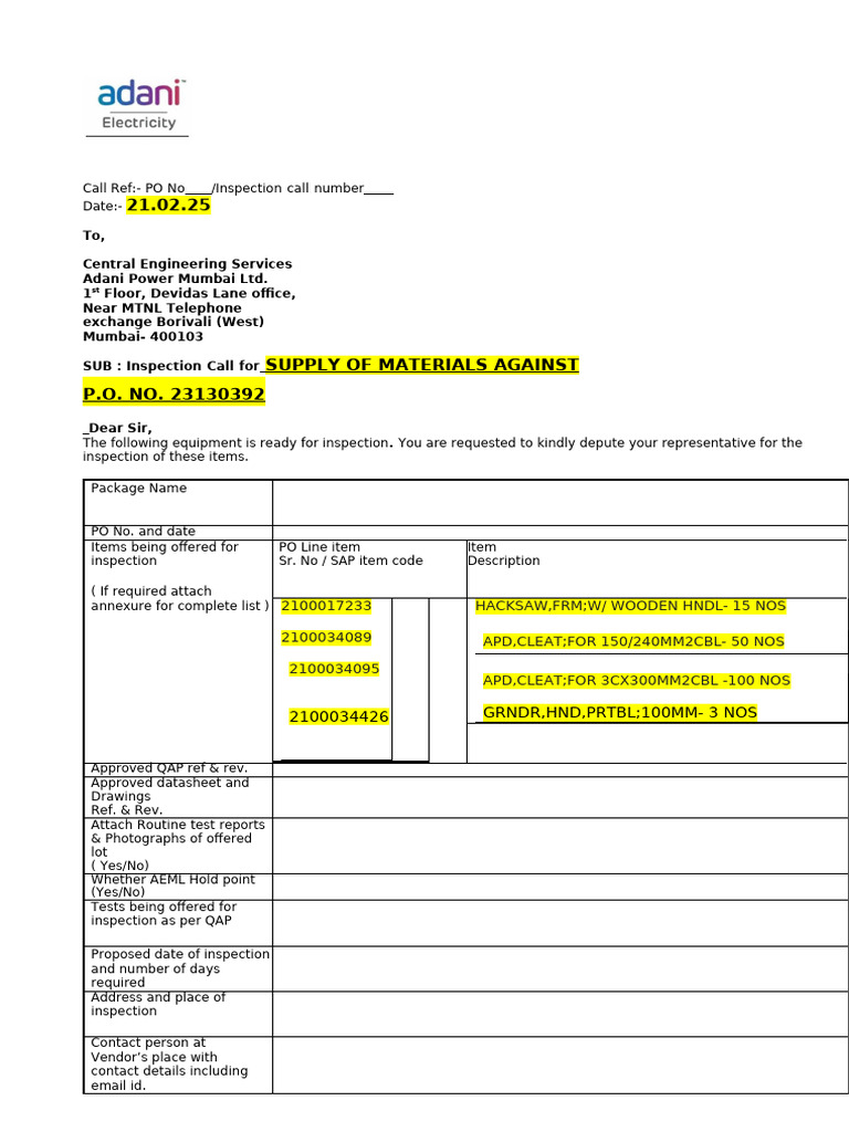 Inspection Call for Material Supply | PDF