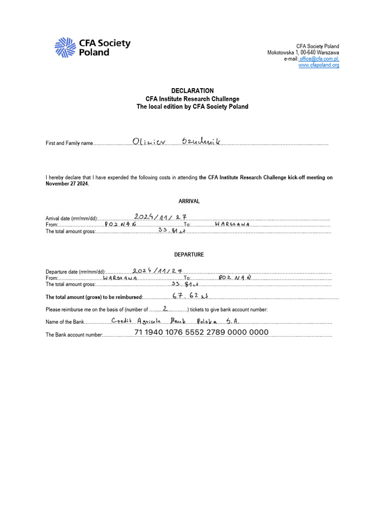 CFA Research Challenge Reimbursement Form | PDF