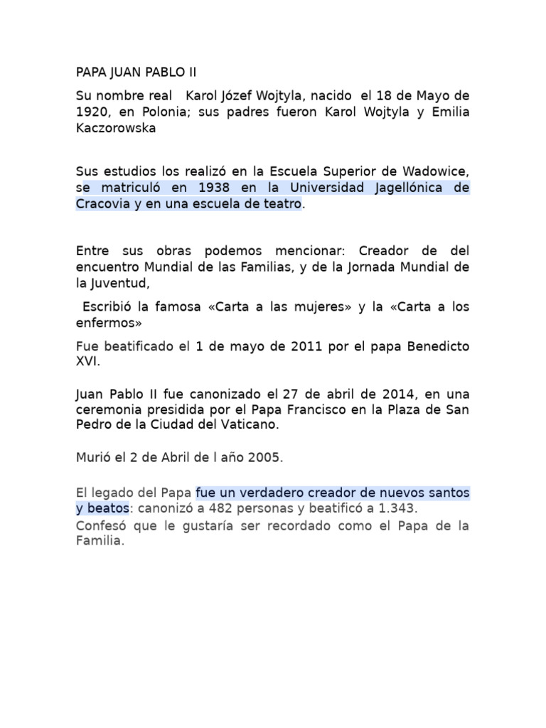Legado de Juan Pablo II y su nombre real | PDF