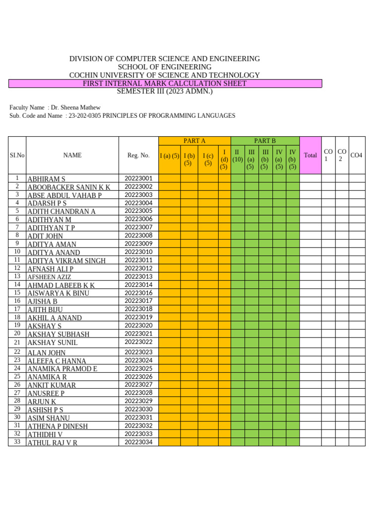 Internal Marks Calculation Sheet | PDF