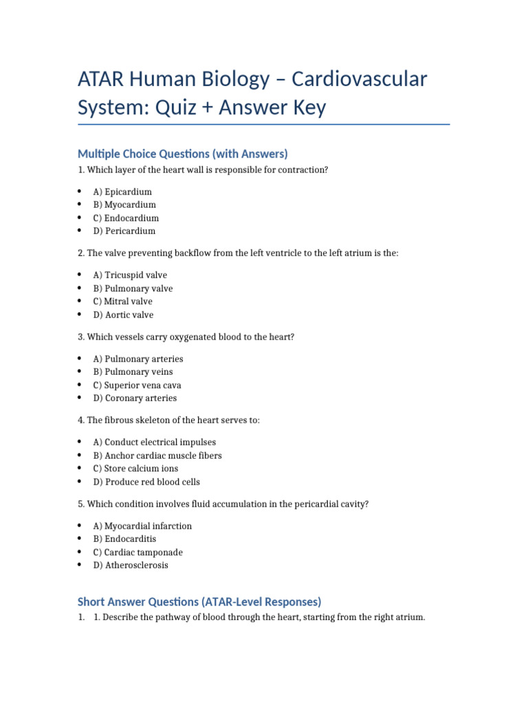 Cardiovascular System Quiz & Answers | PDF | Heart | Heart Valve