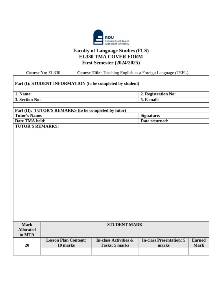 EL330 TMA Cover Page and Lesson Plan Template | PDF | Lesson Plan | Essays