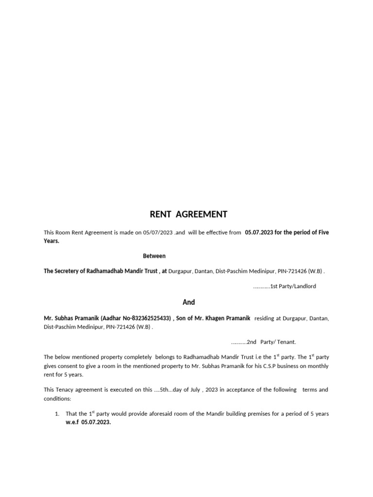 rent agreement for radhamadhab | PDF | Lease | Leasehold Estate