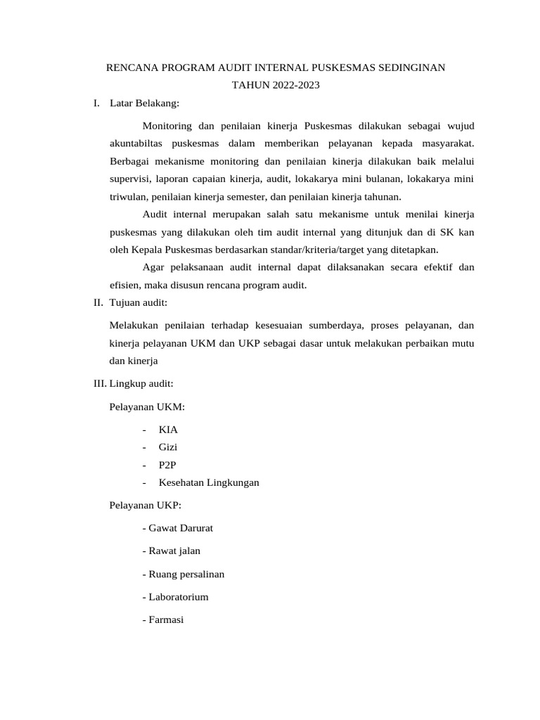 Rencana Audit Internal Puskesmas 2022-2023 | PDF