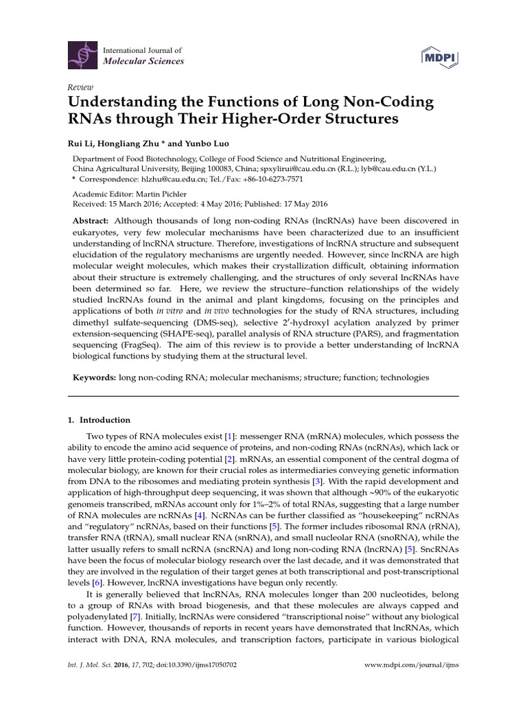 Functions of Long Non-Coding RNAs | PDF | Rna | Molecular Genetics