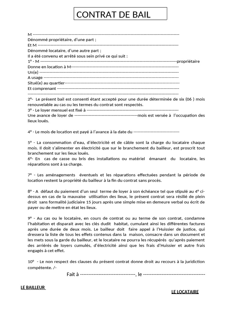 Exemple de contrat de bail à remplir | PDF | Location | Droit privé