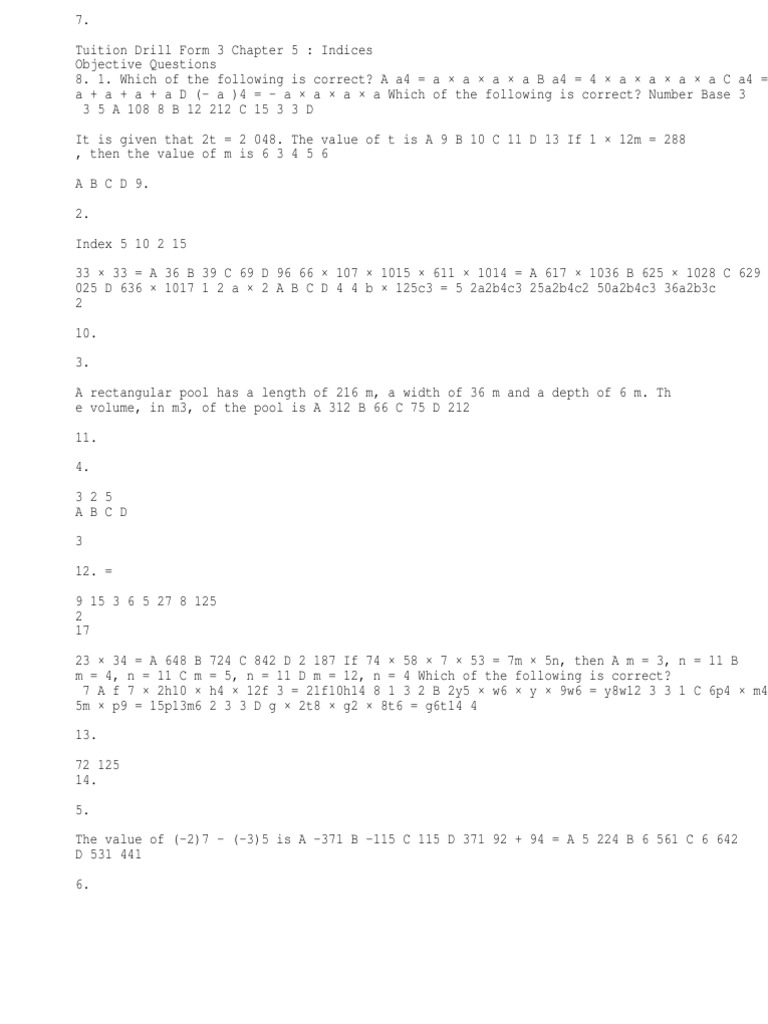 Review Exercise Form 3 Chapter 5 Indices | PDF | Teaching Mathematics