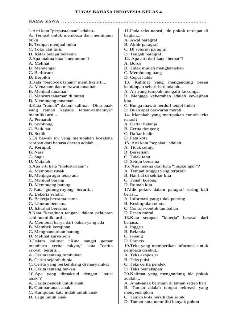 Tugas Bahasa Indonesia - Kelas 4 | PDF