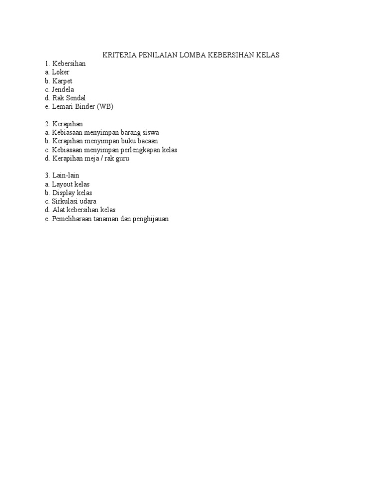 Kriteria Penilaian Lomba Kebersihan Kelas
