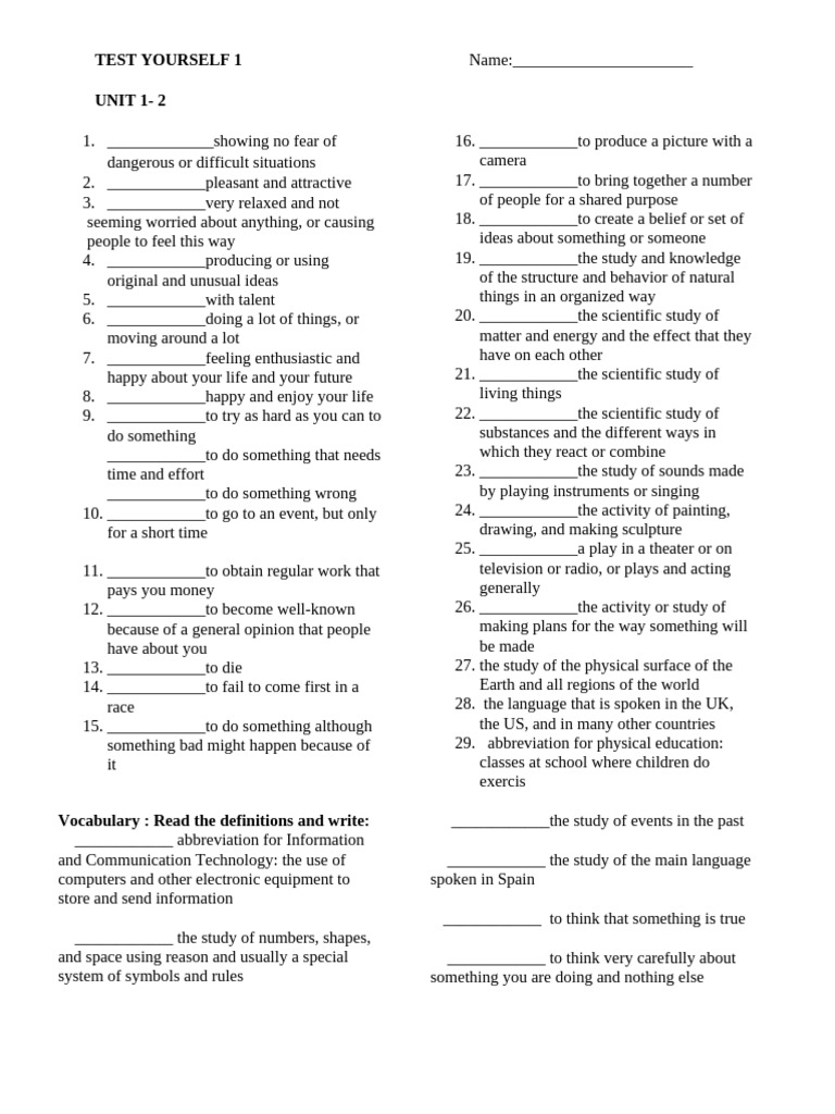 Unit 1 Vocabulary and Grammar Test | PDF