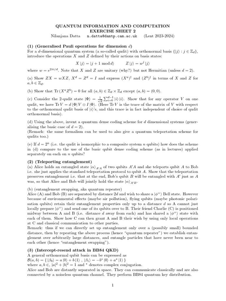 Quantum Information Exercises: Qudits & QKD | PDF | Quantum ...