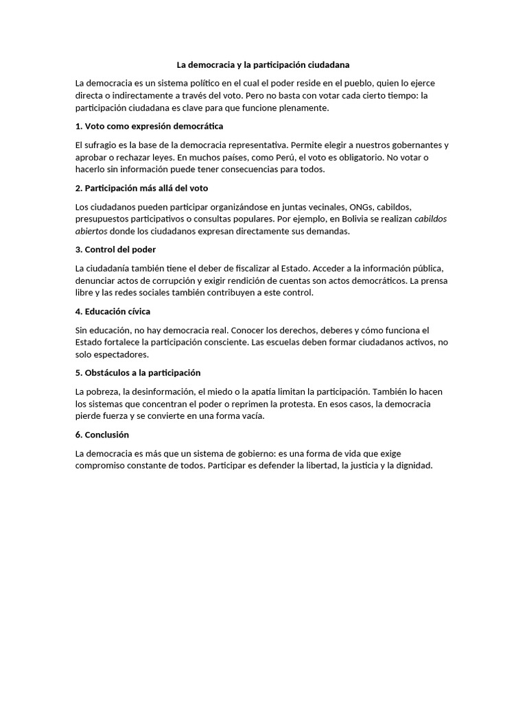 La Democracia y La Participación Ciudadana | PDF