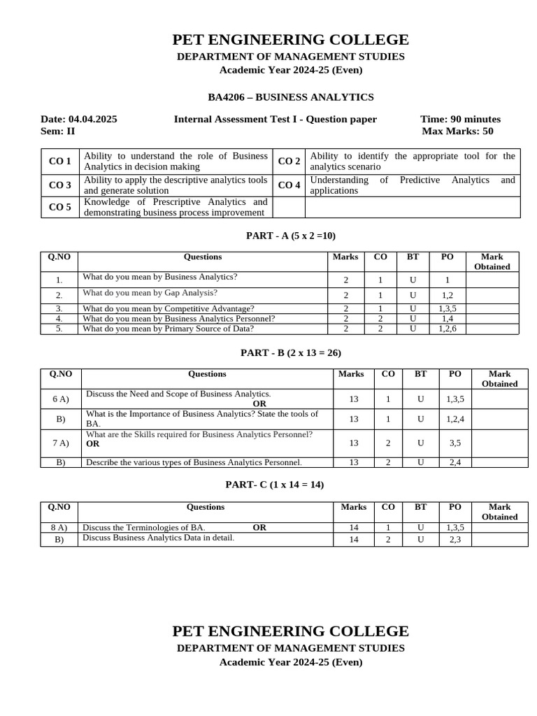 BA4206 Business Analytics Question Paper | PDF | Analytics | Data Analysis
