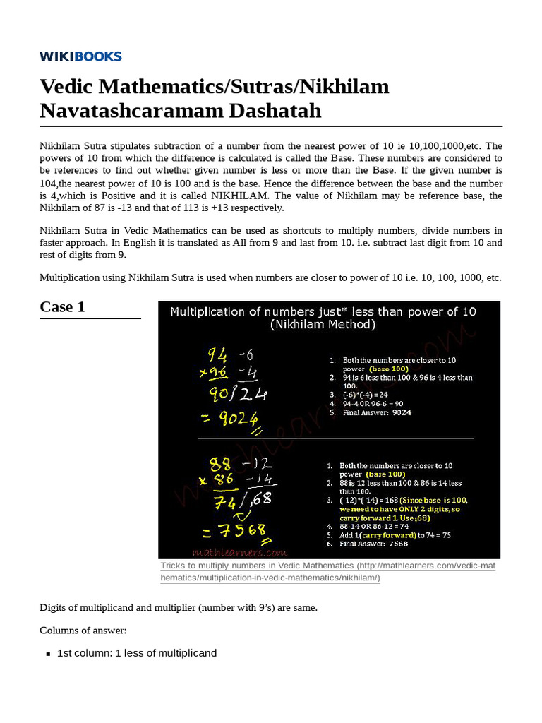 Nikhilam Sutra for Power 10 Subtraction | PDF | Multiplication ...
