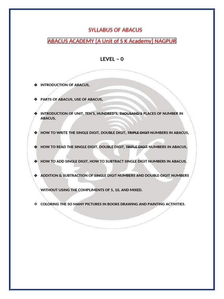 Abacus Course Syllabus Overview | PDF | Subtraction | Arithmetic