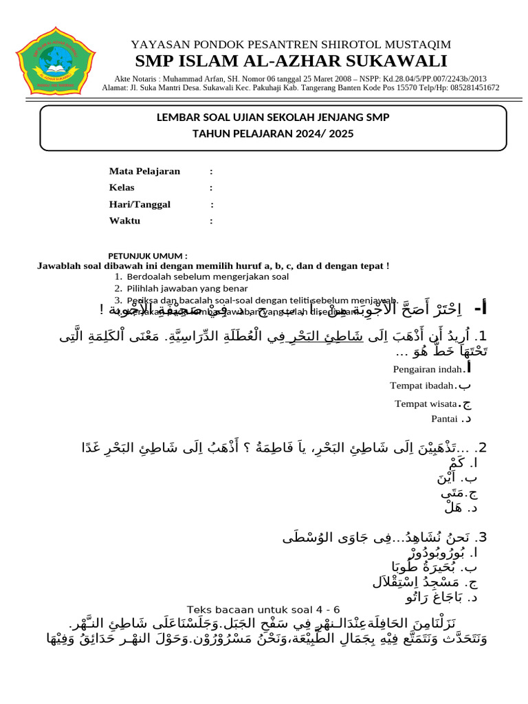 Soal Bahasa Arab Kelas 9 | PDF