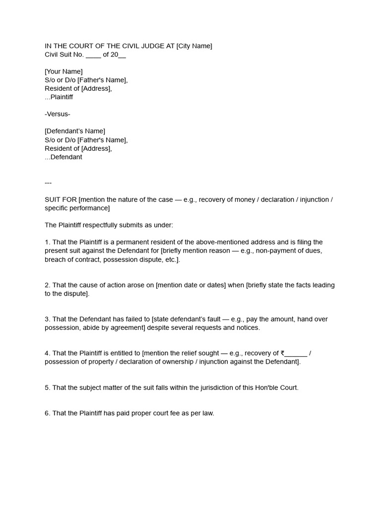 Civil Suit Filing for Legal Relief | PDF