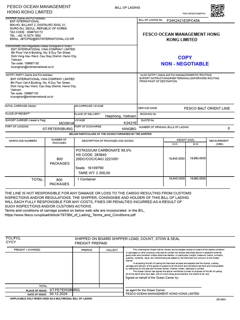 FESCO Bill of Lading Details | PDF | Bill Of Lading | Cargo