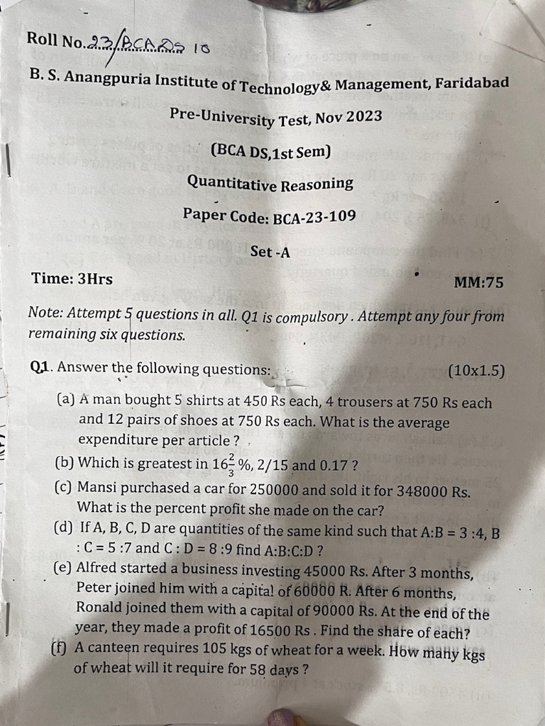 Quantitative Reasoning Test - Nov 2023 | PDF