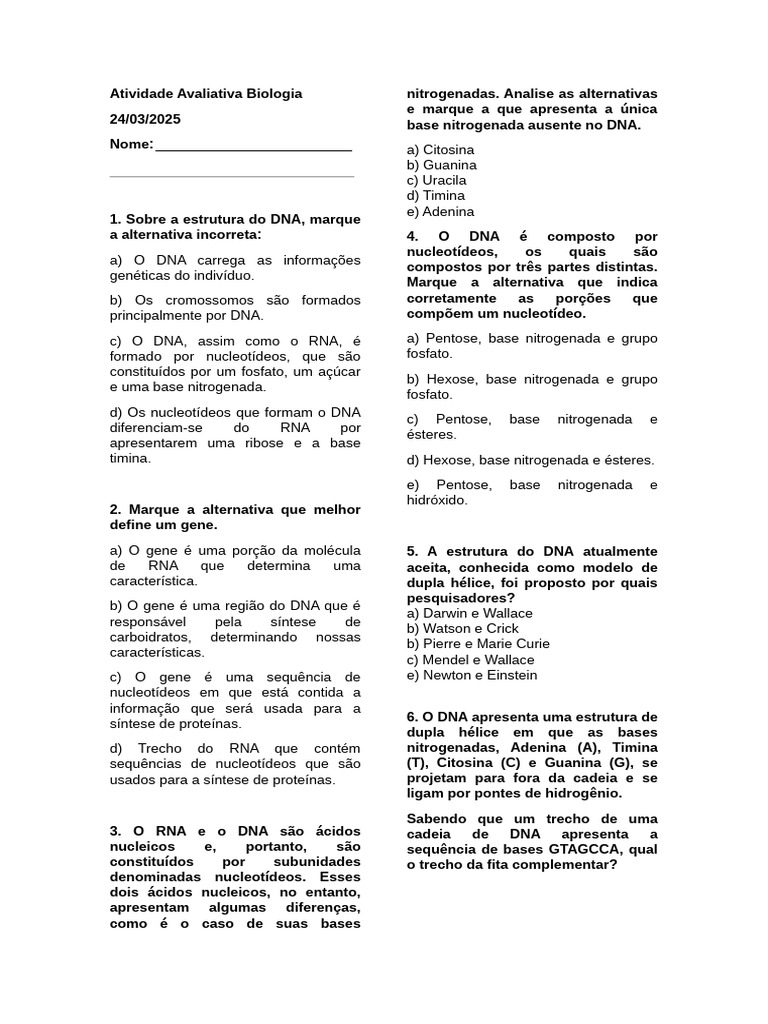 Estrutura do DNA: Questões e Exercícios | PDF | DNA | RNA