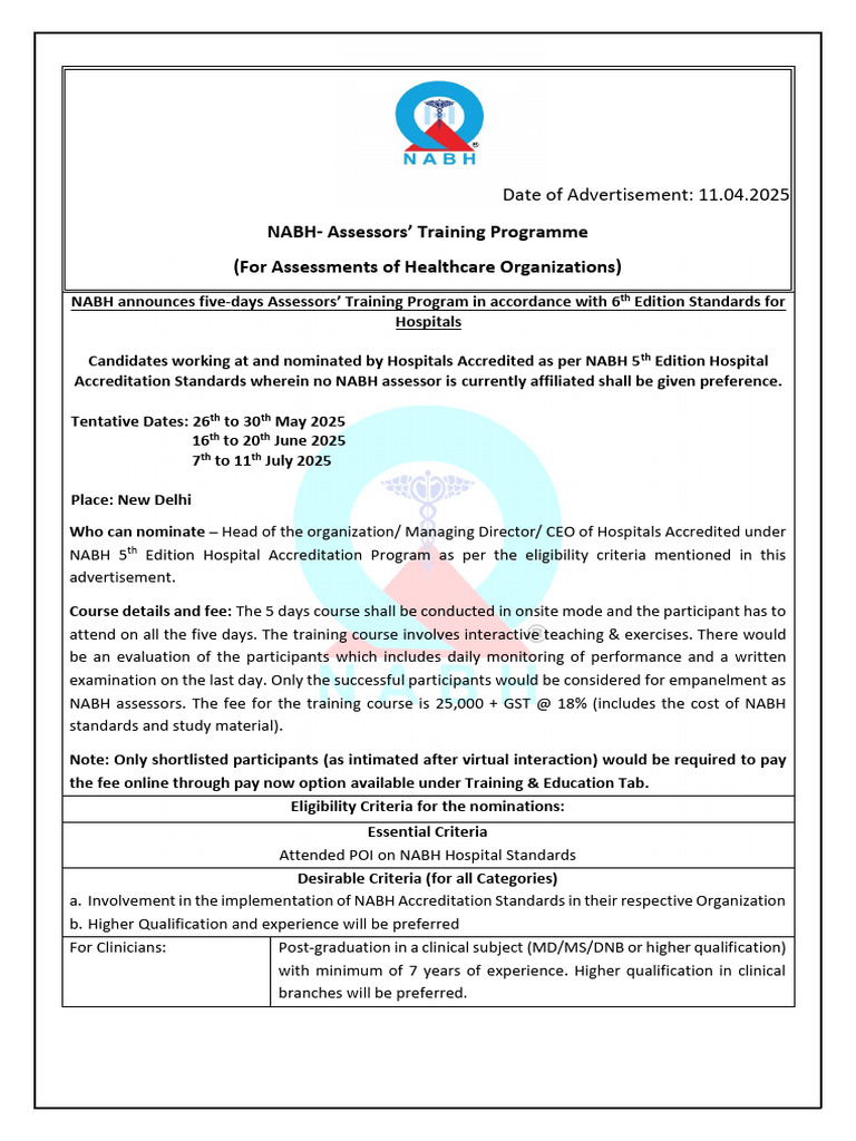 Advertisement NABH Hospital Assessor Training Program PDF Health Care
