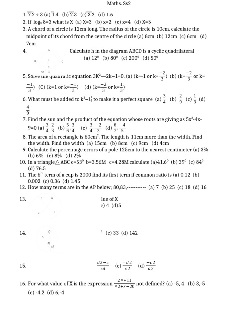 SS2 Maths Practice Questions and Solutions | PDF | Circle | Geometric ...