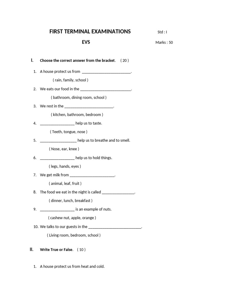 Std I EVS First Terminal Exam Questions | PDF