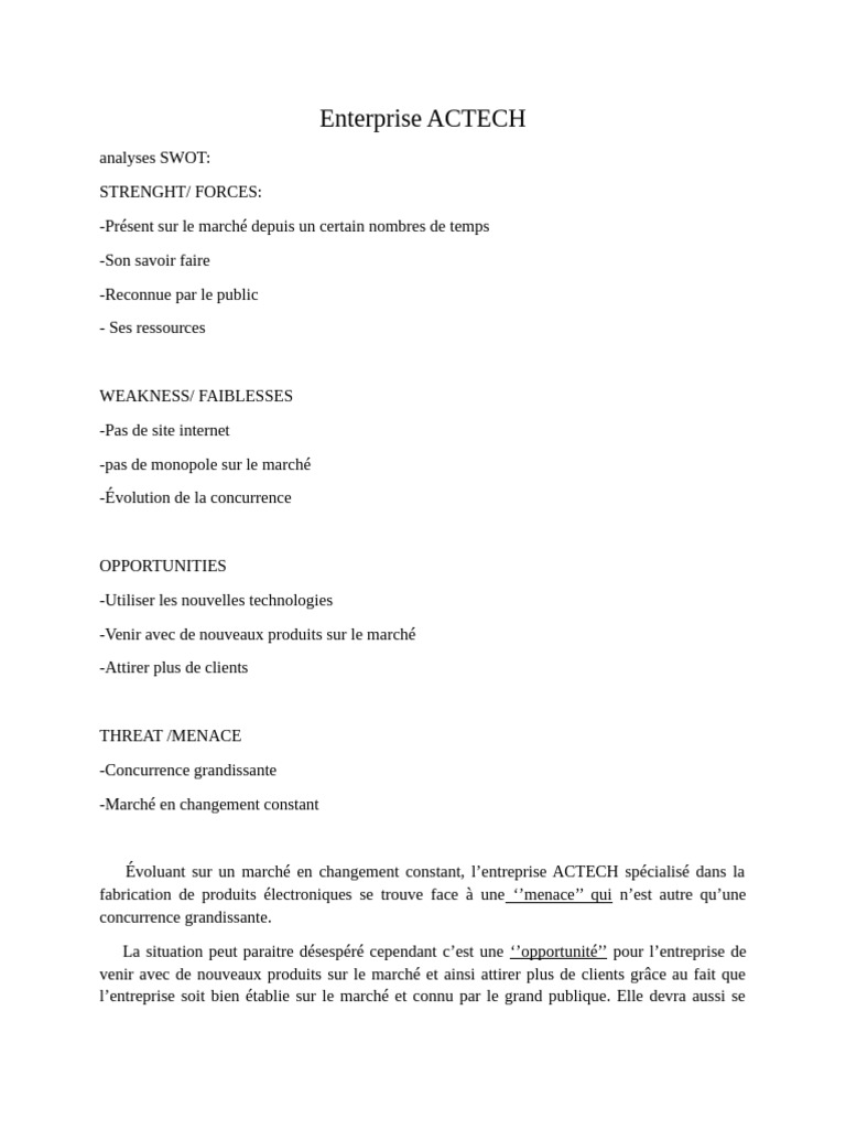 Analyse SWOT d'ACTECH : Forces et Opportunités | PDF