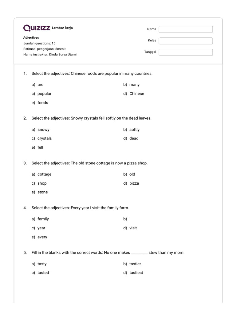 5th Grade Adjective Worksheet | PDF