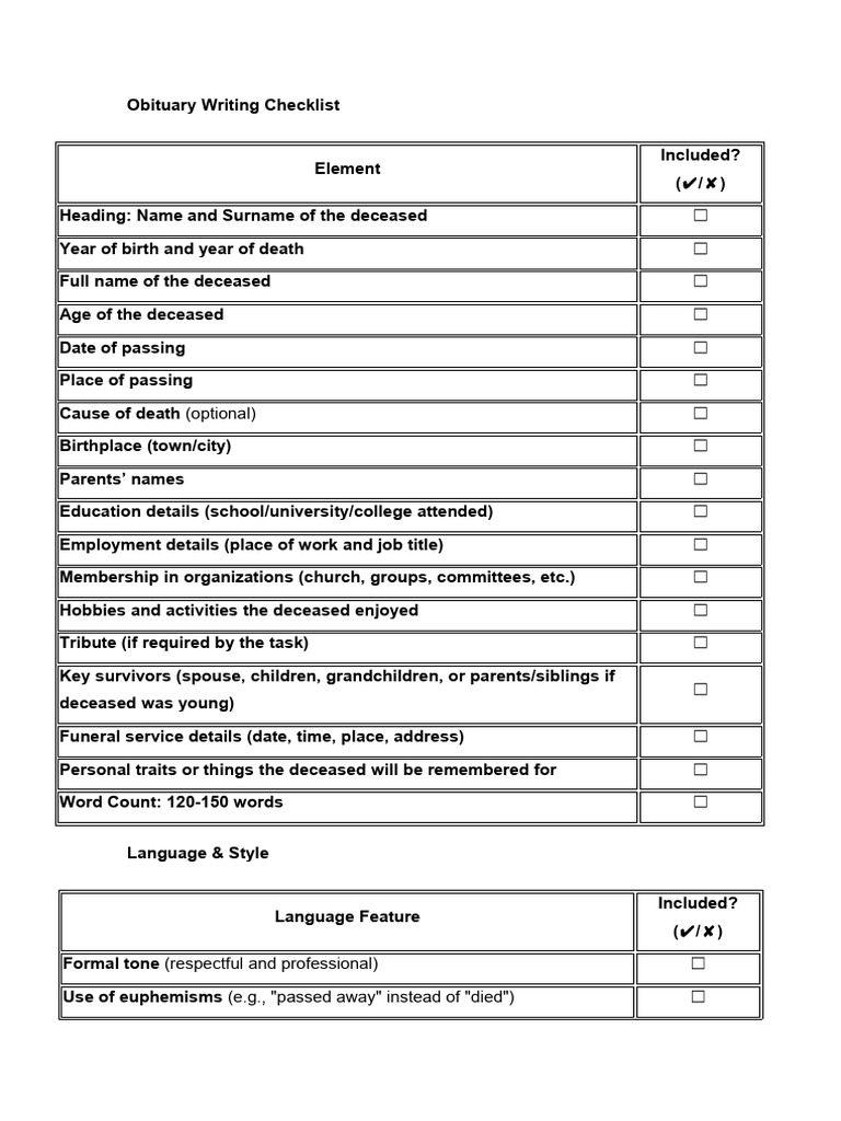 Checklist Obituary PDF