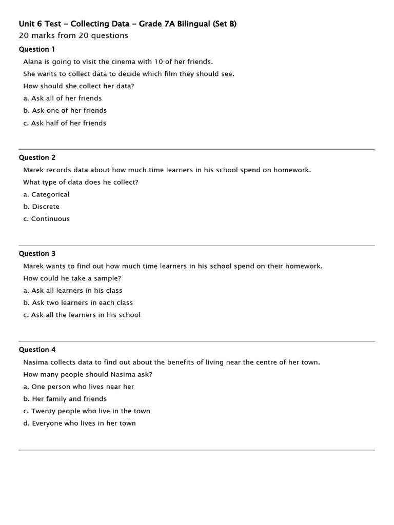 Unit 6 Test - Collecting Data | PDF | Survey Methodology | Sampling ...