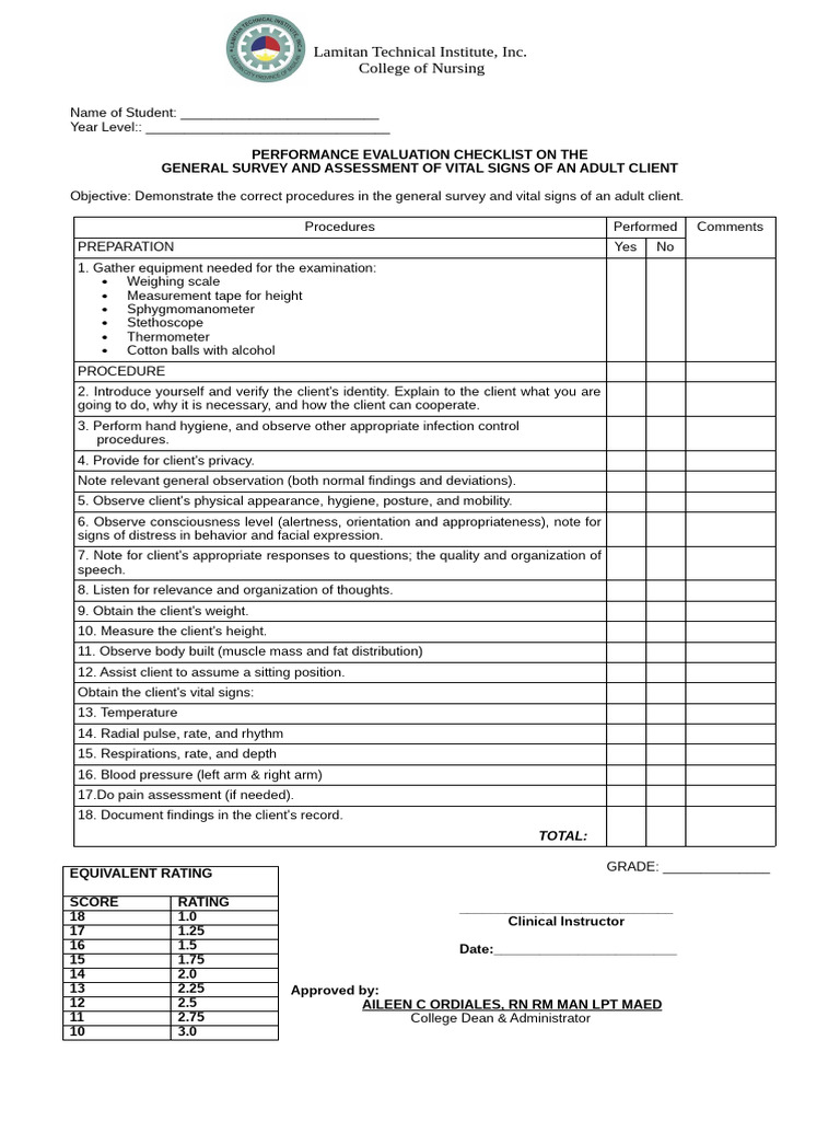 Adult Client Vital Signs Assessment Checklist | PDF | Thorax | Human Nose