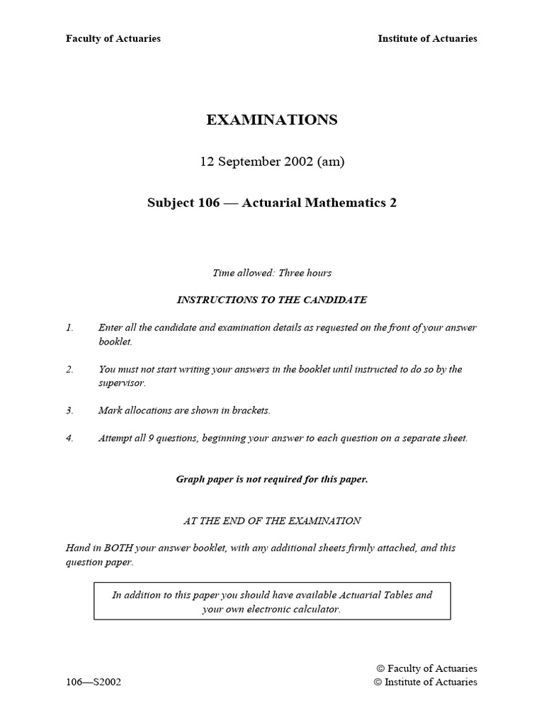 Actuarial Mathematics Exam Paper 2002 | PDF | Applied Mathematics ...