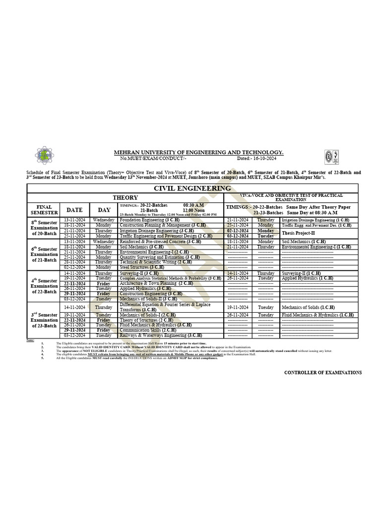 MUET Final Exam Schedule 2024 | PDF
