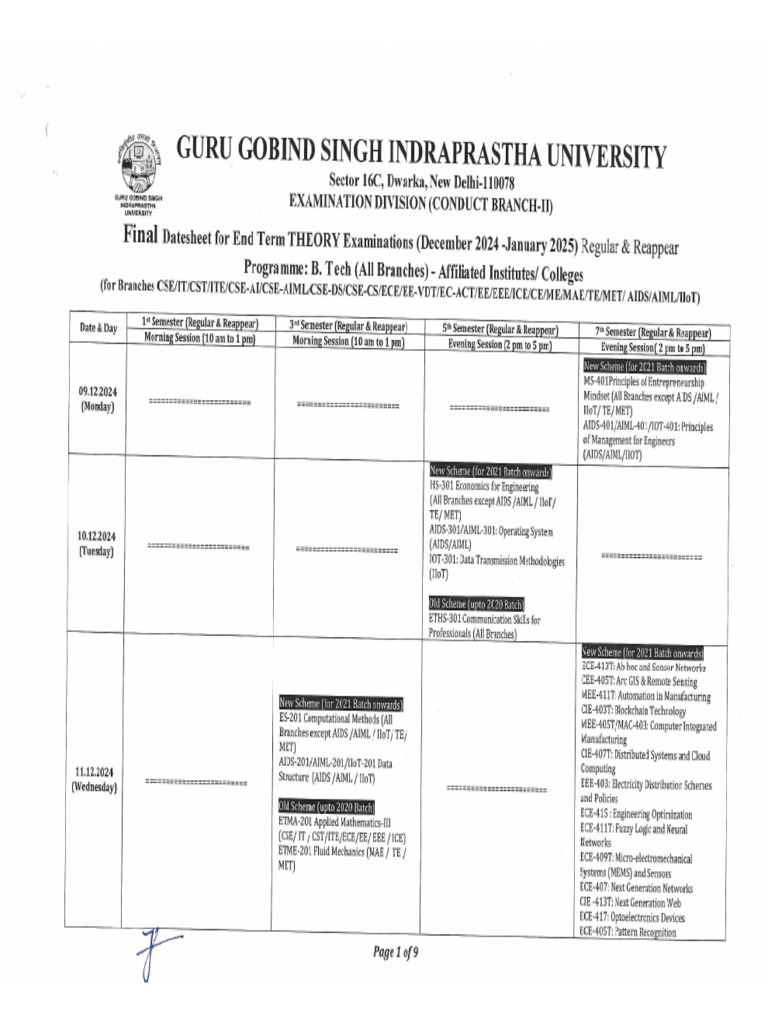 Final BTech Datesheet Dec 24 | PDF