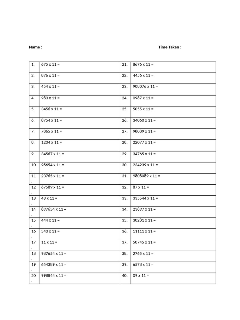 Multiplying by 11 Worksheet | PDF