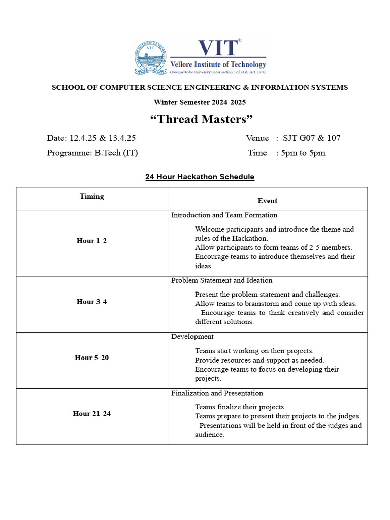 24-Hour Hackathon Schedule 2024-25 | PDF