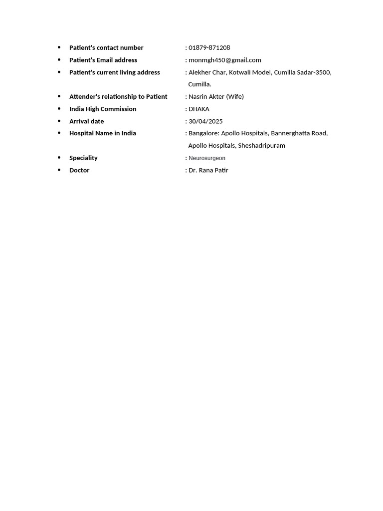 Patient Details for Neurosurgery in India | PDF
