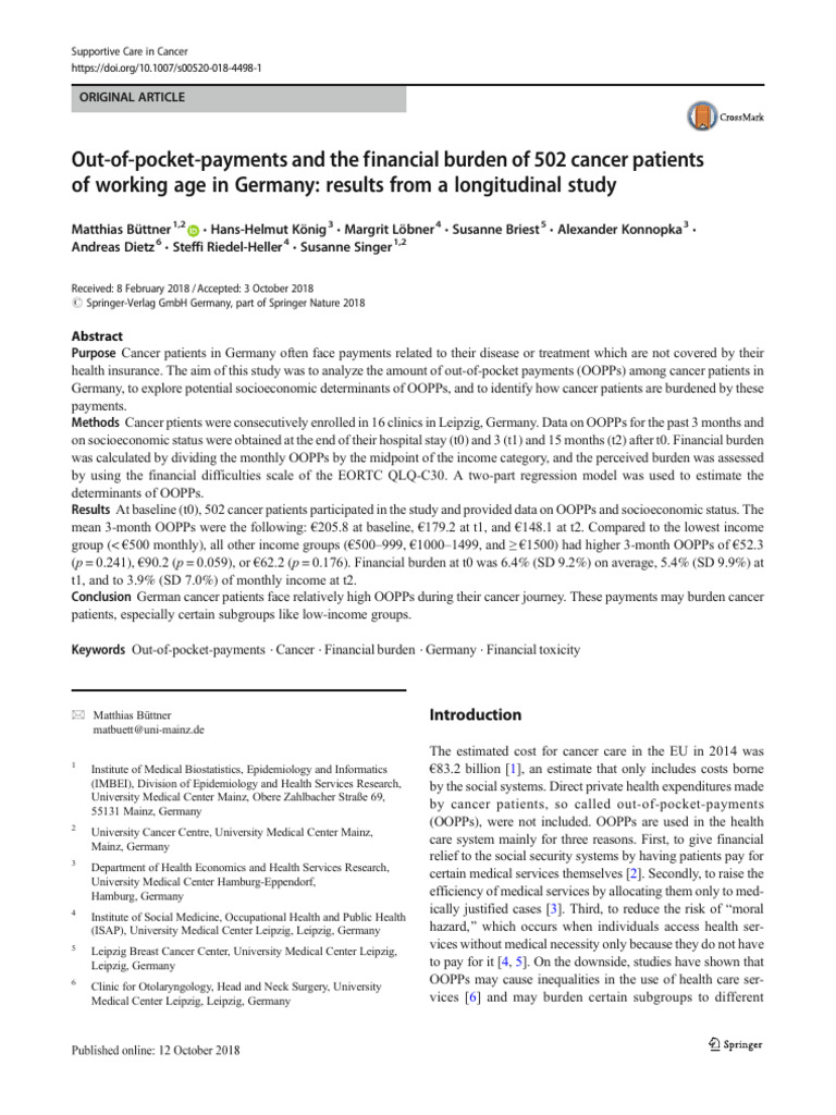 Out-Of-Pocket-Payments and The Financial Burden of 502 Cancer Patients ...