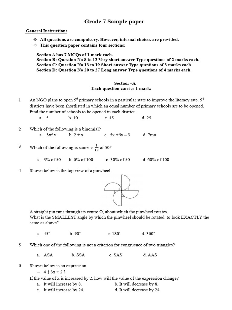Grade 7 Math Sample Paper Outline | PDF | Mathematics