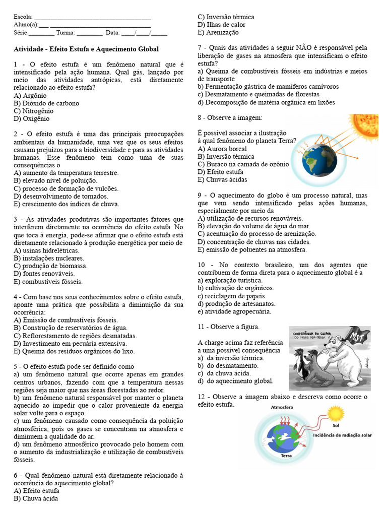 Atividades sobre Efeito Estufa e Aquecimento Global | PDF | Efeito ...