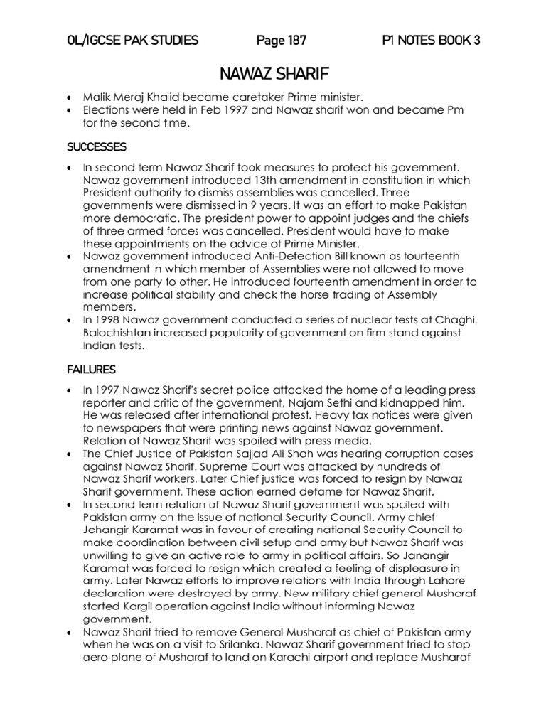 Nawaz Sharif 2nd Tenure Notes and Past Papers 2024-25 | PDF