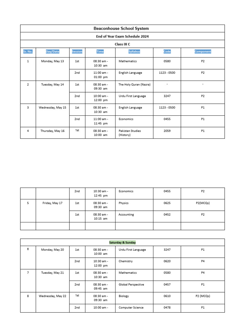 Beaconhouse IX C Exam Schedule 2024 | PDF